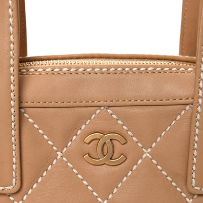 Calfskin Wild Stitch Small Vertical Top Handle Bag Beige