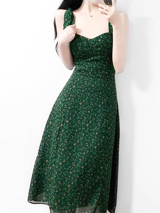 2025 Summer New Green Retro Platycodon Floral Waist Long Suspender Dress R0915