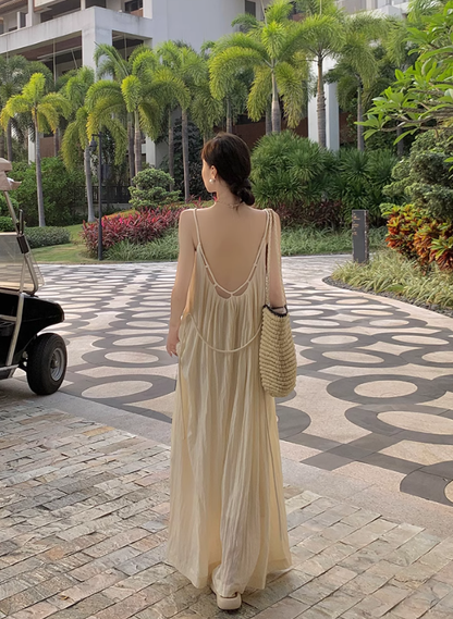 Beach vacation dress travel wear loose backless long suspender dress R0197