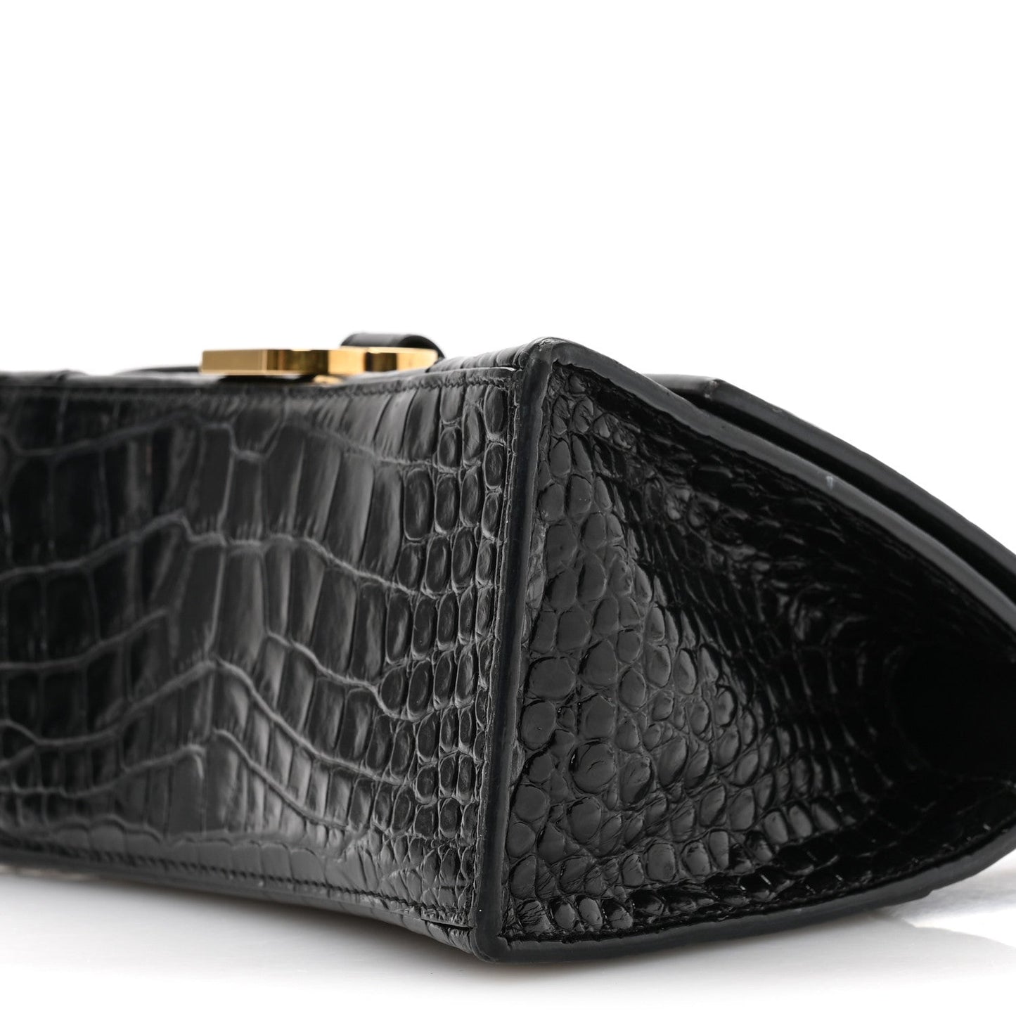 Shiny Calfskin Crocodile Embossed Small Hourglass Top Handle Bag Black