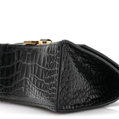 Shiny Calfskin Crocodile Embossed Small Hourglass Top Handle Bag Black