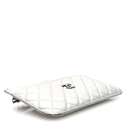 Metallic Lambskin Quilted Clutch With Chain Silver