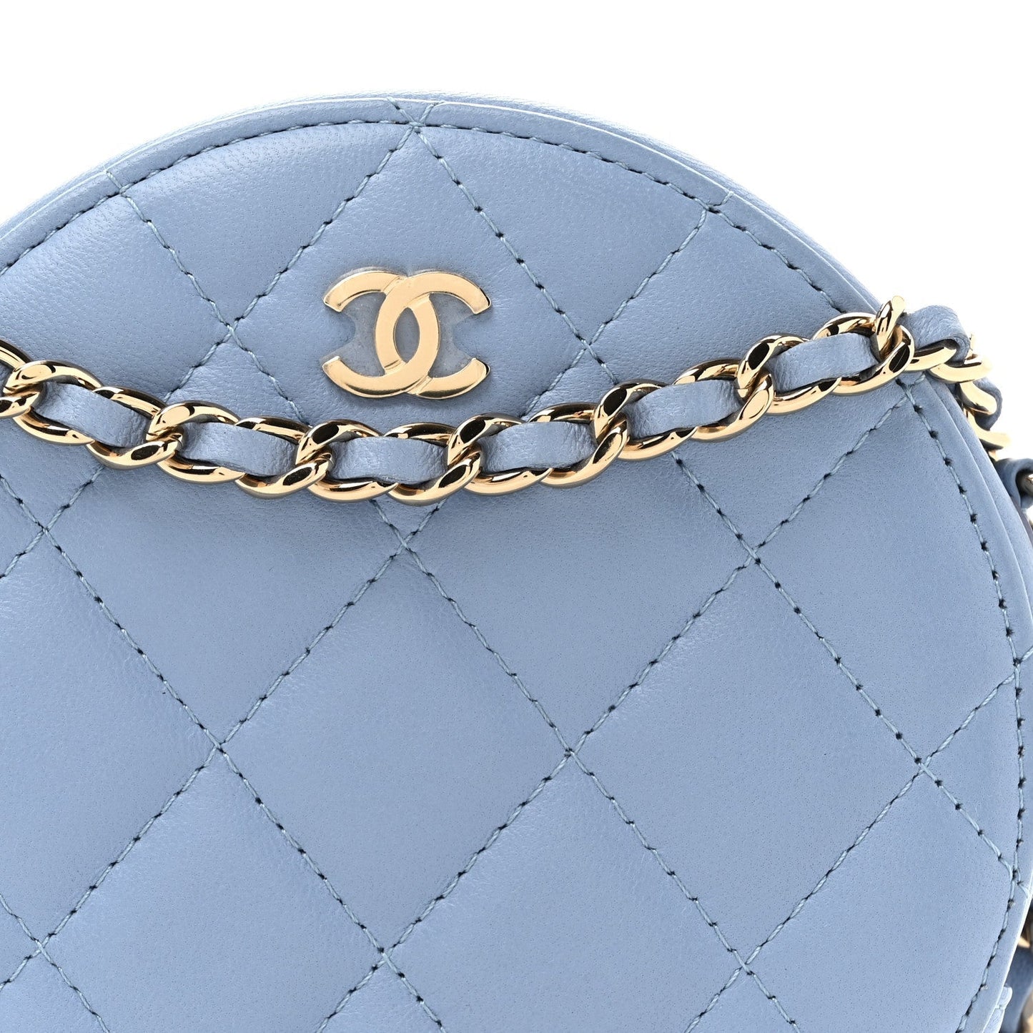 Lambskin Quilted Round Clutch With Chain Light Blue