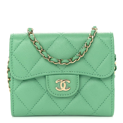 Caviar Quilted Flap Card Holder On Chain Light Green