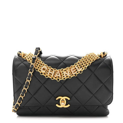 Lambskin Quilted CC Crystal Logo Chain Flap Black