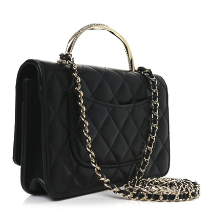 Lambskin Quilted Crystal Handle Wallet On Chain WOC Black