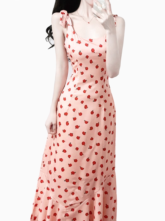 2025 Summer New Pink Floral Rose French Fishtail Long Suspender Dress R0956