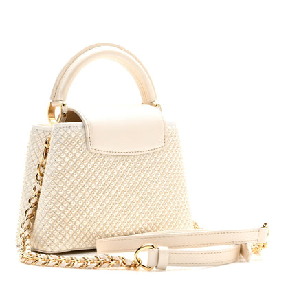 Metallic Calfskin Satin Pearl Embellished Mini Treasure Capucines Cream