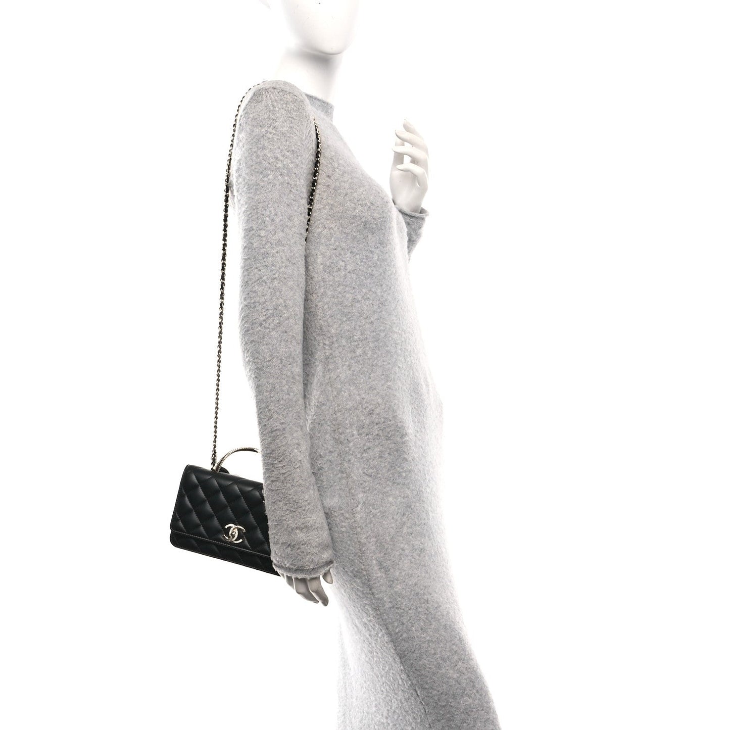 Lambskin Quilted Crystal Handle Wallet On Chain WOC Black