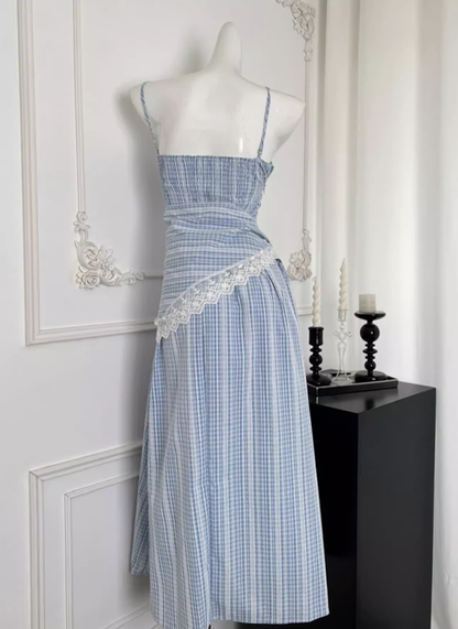 Blue plaid lace slim high-end detachable suspender tube top long dress R0298