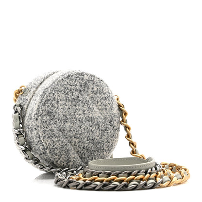 Wool Tweed Lambskin Quilted Chanel 19 Round Clutch With Chain Grey Ecru
