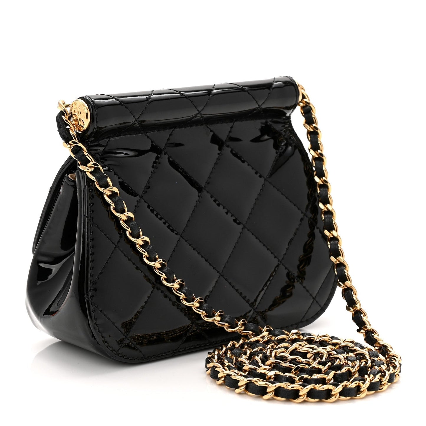 Patent Quilted Frame Clutch Flap With Chain Black