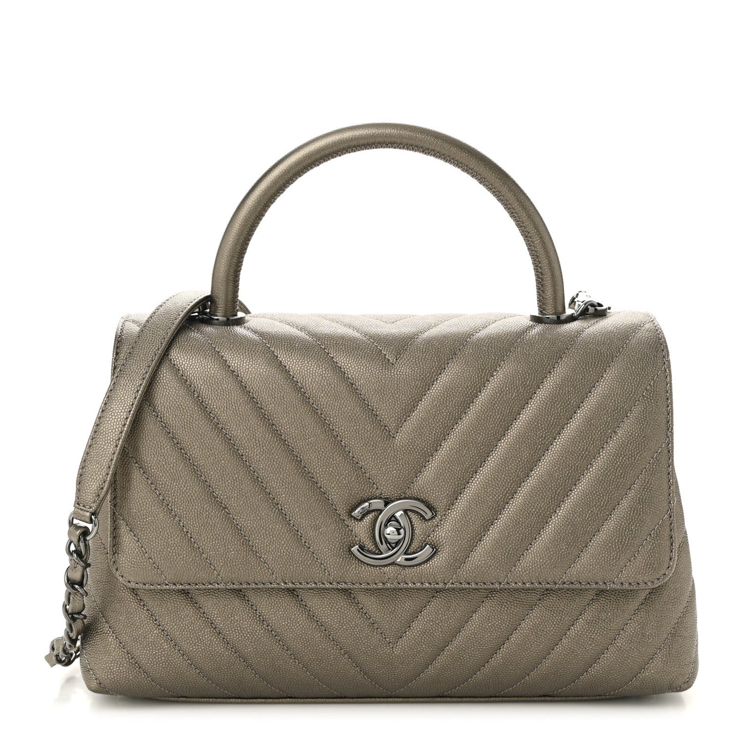 Metallic Caviar Chevron Quilted Small Coco Handle Flap Light Gold