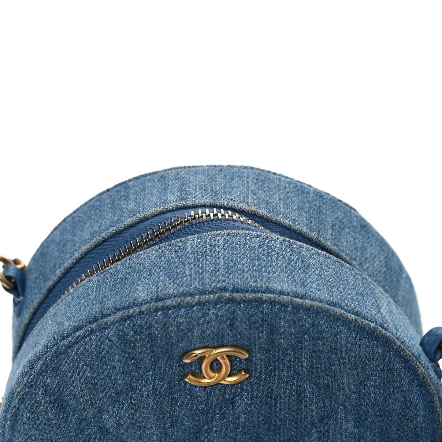 Denim Quilted Round Pearl Crush Clutch With Chain Blue
