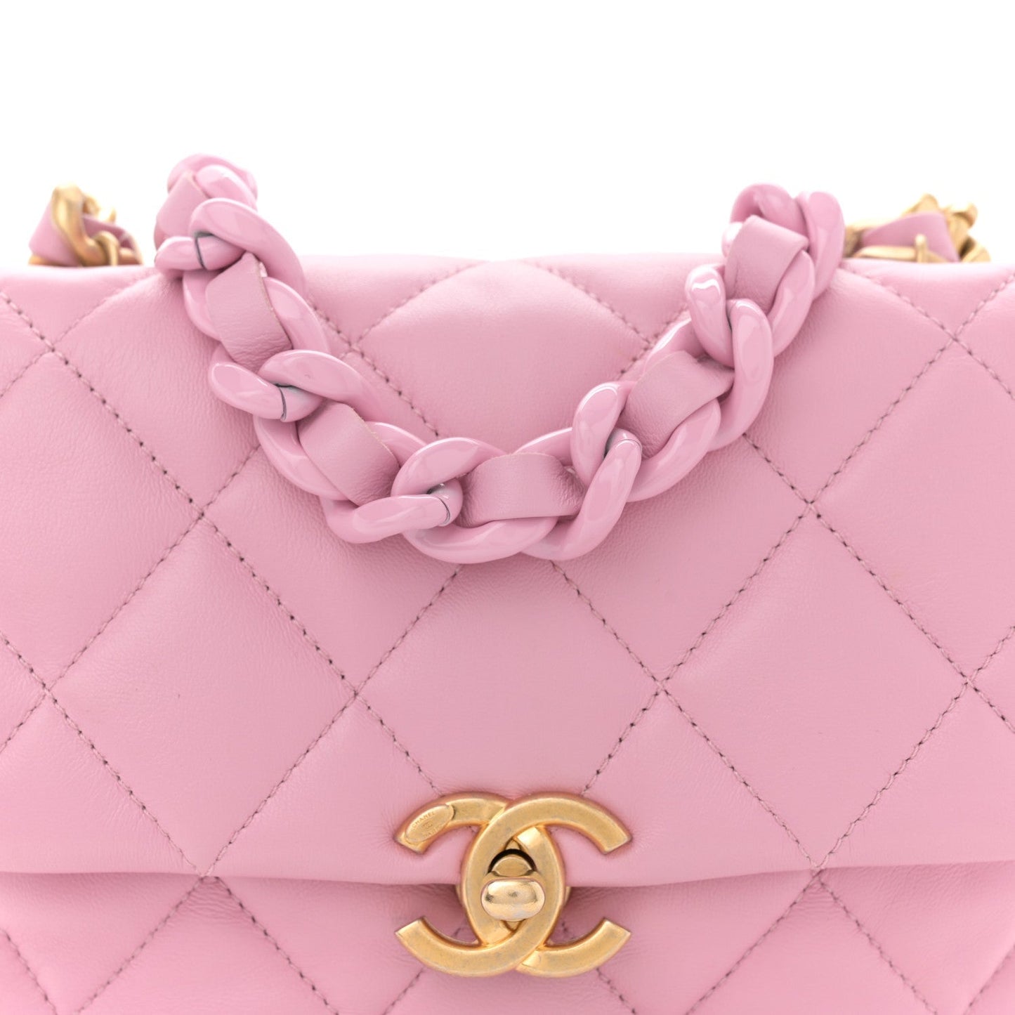 Lambskin Quilted Mini Lacquered Chain Flap Pink