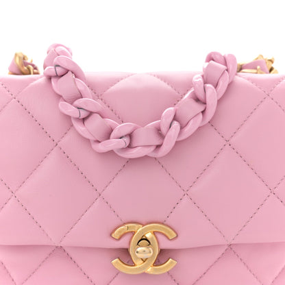 Lambskin Quilted Mini Lacquered Chain Flap Pink