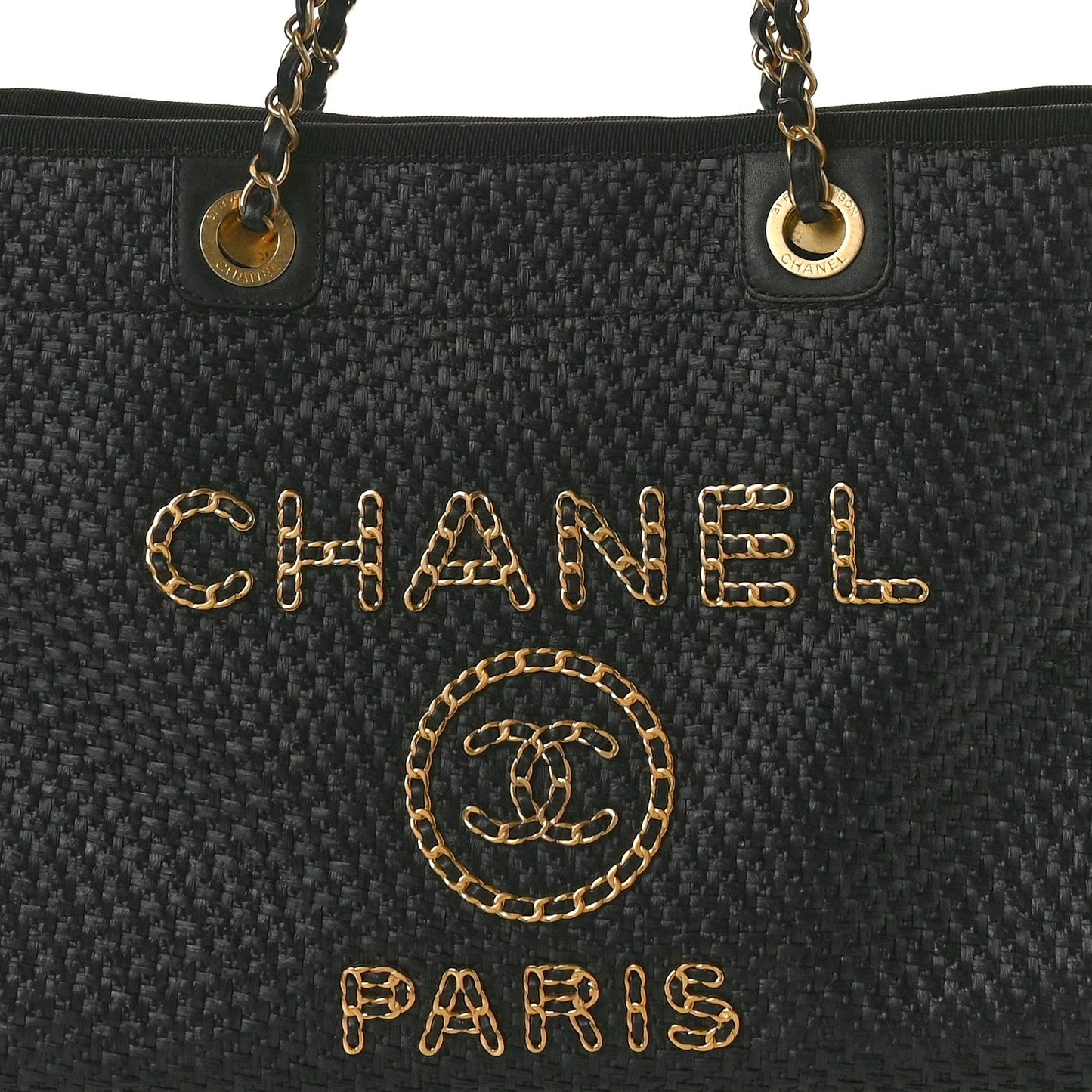 Straw Raffia Calfskin Chain Small Deauville Tote Black