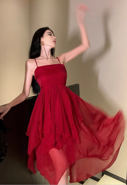 Fairy dress red beach dress vacation travel wear high waist irregular suspender skirt R1581