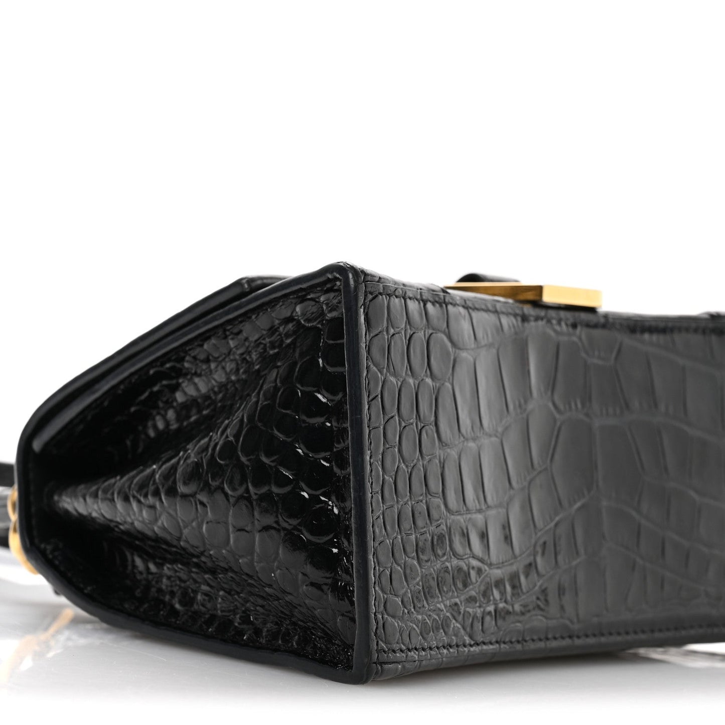 Shiny Calfskin Crocodile Embossed Small Hourglass Top Handle Bag Black