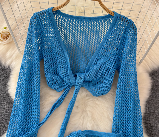 Holiday swimsuit bikini tie waist mesh beach sun protection clothing cover-up two-piece suit R0338