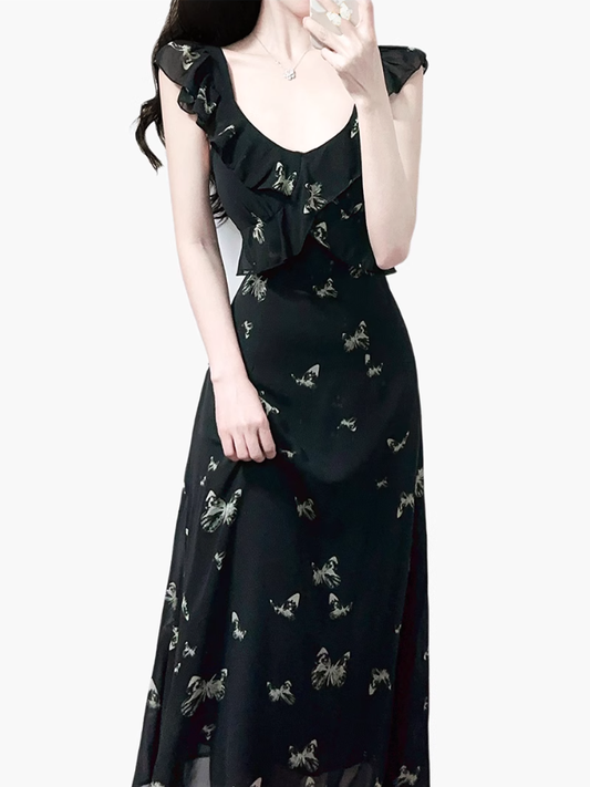 2025 Summer New Black Flying Sleeve Waisted Mid-Length Printed Fishtail Dress R0913