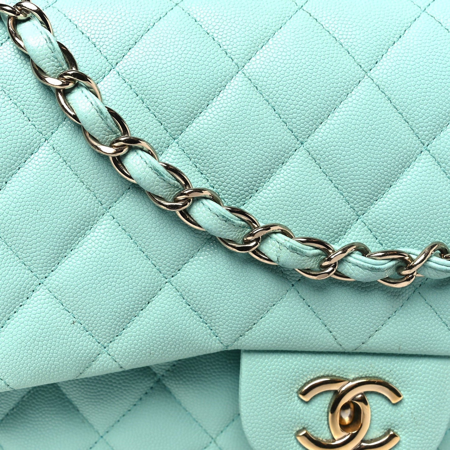 Caviar Quilted Jumbo Double Flap Light Green