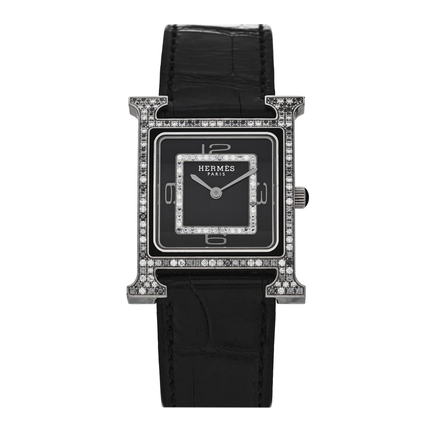 18K White Gold Alligator Diamond Grey Sapphire 26mm Heure H Hour Quartz Watch Noir