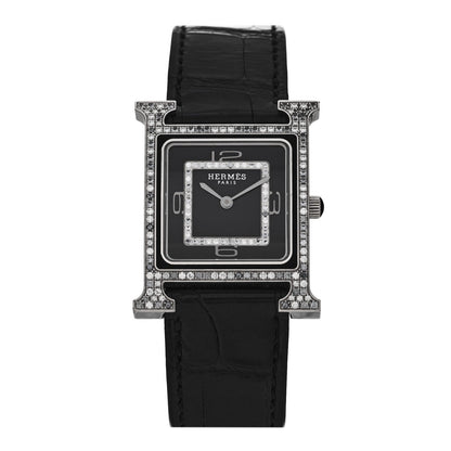 18K White Gold Alligator Diamond Grey Sapphire 26mm Heure H Hour Quartz Watch Noir