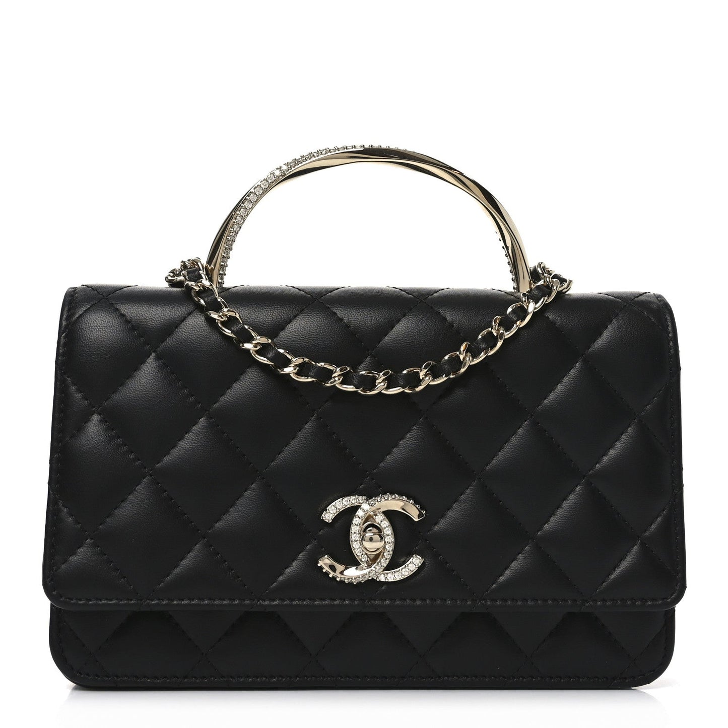 Lambskin Quilted Crystal Handle Wallet On Chain WOC Black