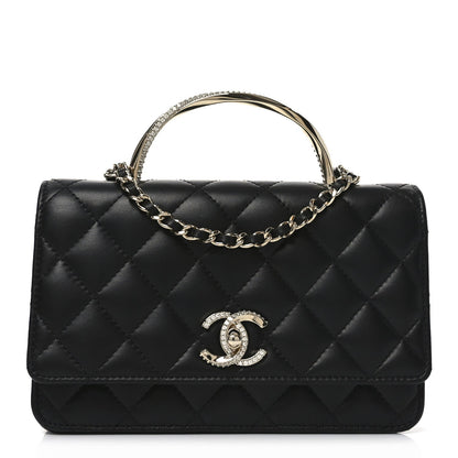Lambskin Quilted Crystal Handle Wallet On Chain WOC Black