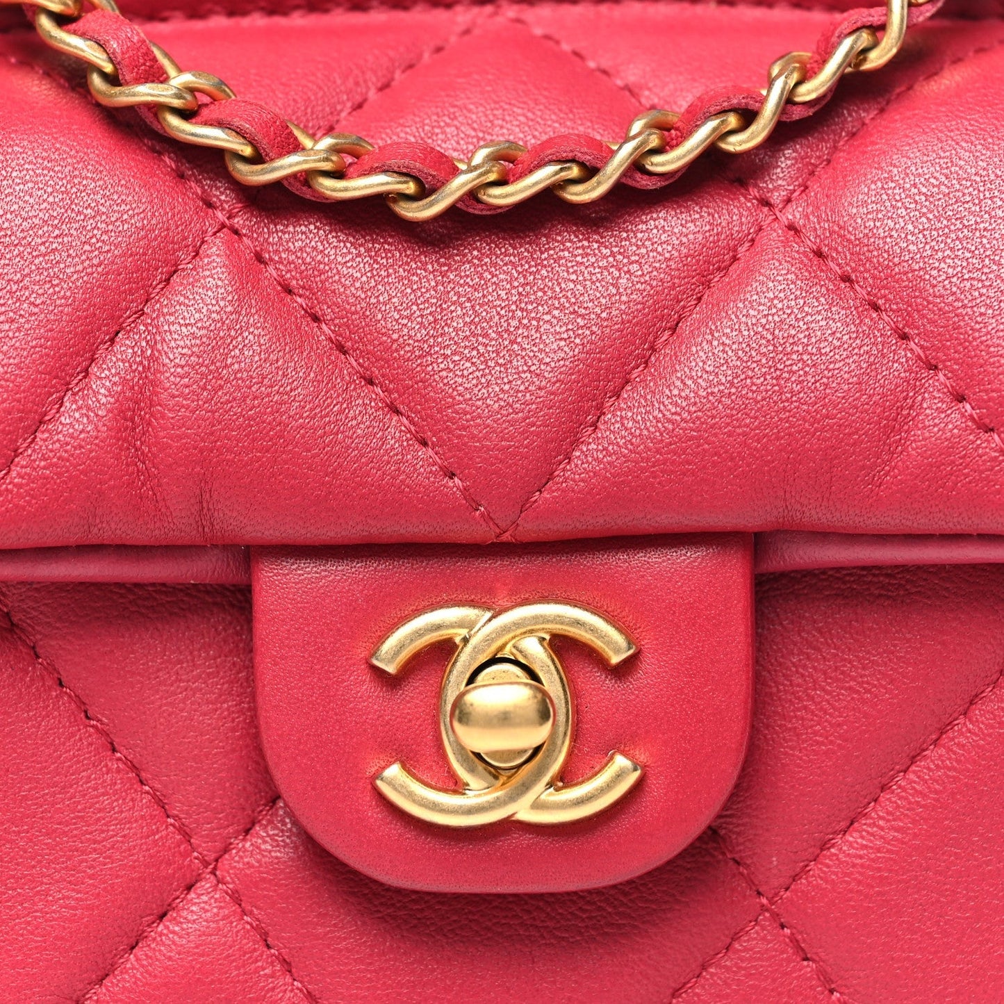 Calfskin Quilted Lady Handle Flap Card Holder With Chain Dark Pink