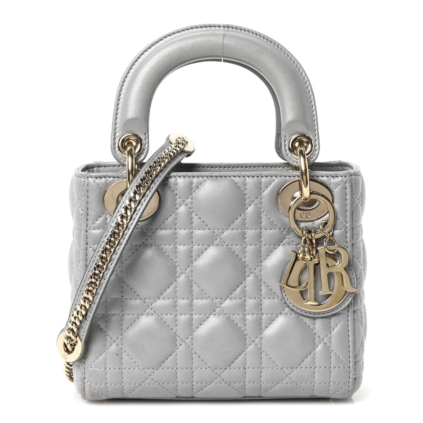 Metallic Lambskin Cannage Mini Lady Dior Gray