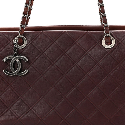 Calfskin Diamond Embossed Large CC Zip Shopping Tote Burgundy