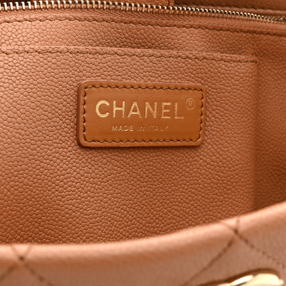 Caviar Quilted Small Shopping Tote Dark Beige