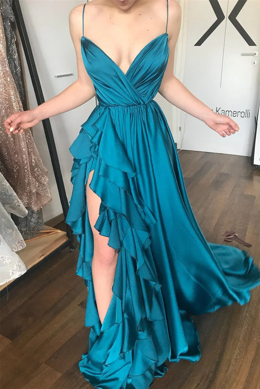 Ink blue thin shoulder strap V-neck sleeveless slit with ruffled edge fishtail prom dress