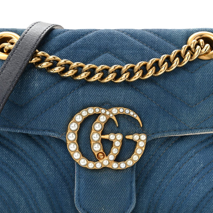 Denim Matelasse Mini Pearly GG Marmont Shoulder Bag Blue