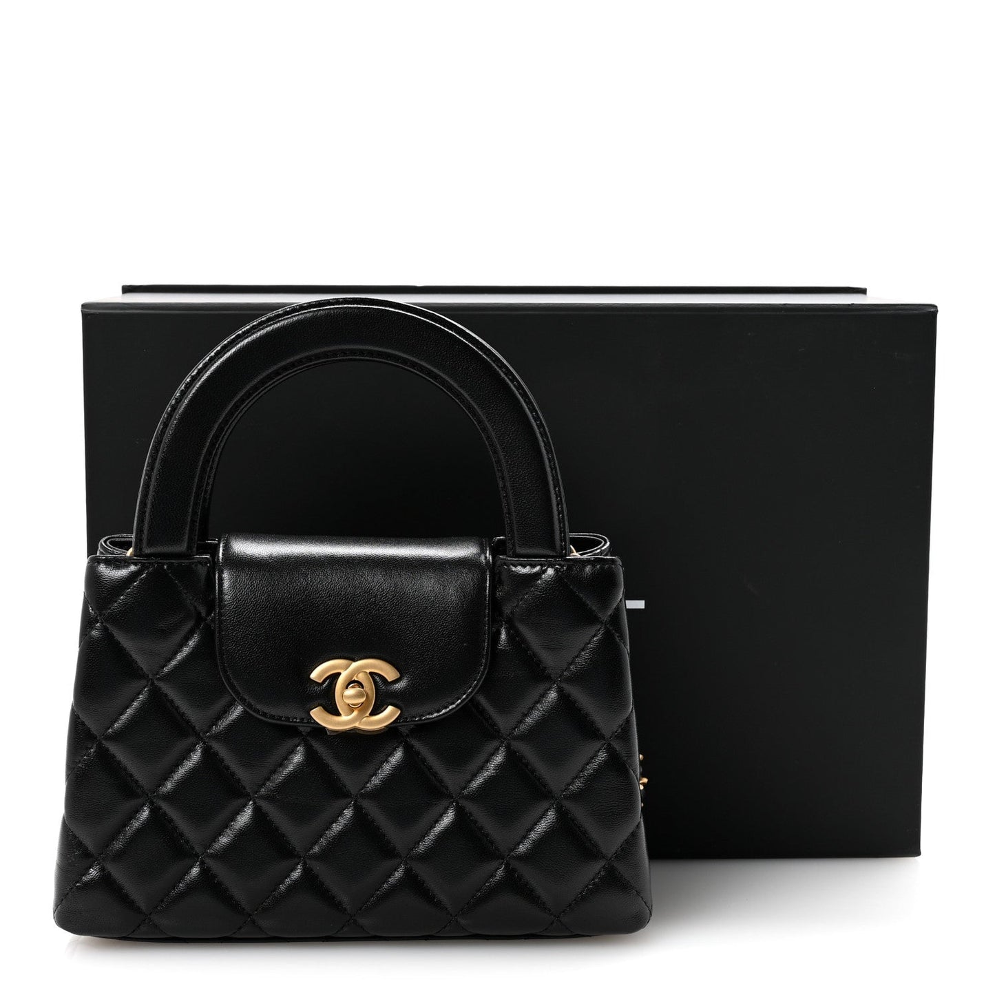 Shiny Aged Calfskin Quilted Nano Kelly Shopper Black