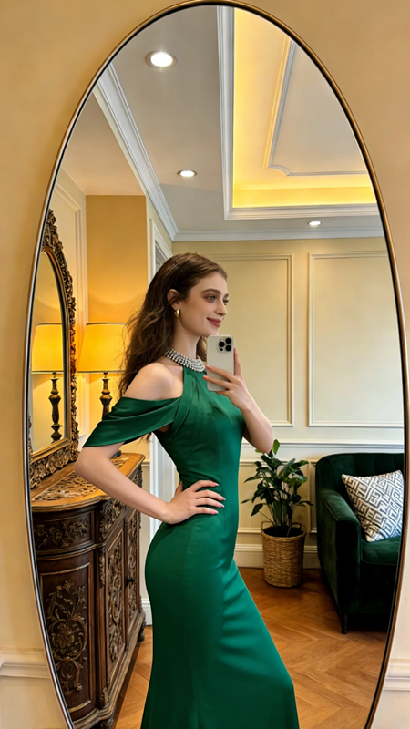 Green halter neck, fitted waist, slimming and sexy long ball gown R8615