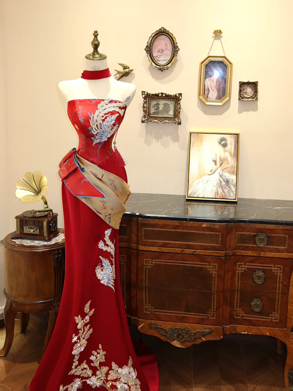 Red strapless fitted long ball gown/bridal dress R7163