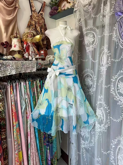Light blue floral print strapless fitted midi ball gown R7878