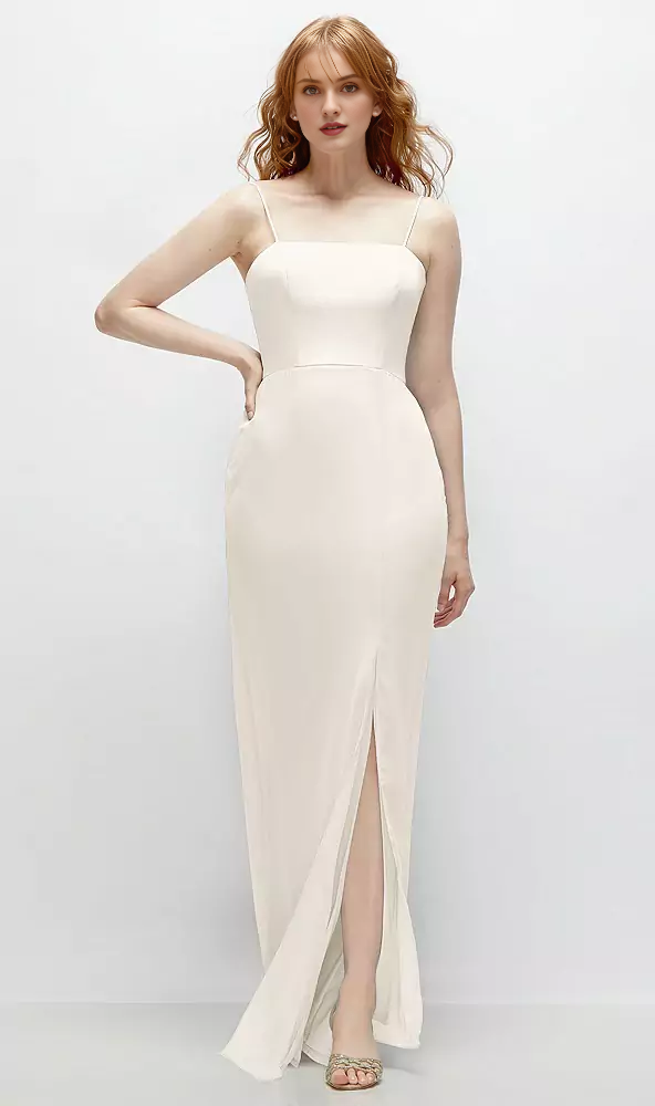 Front slit back strap hollow horn and floor length Prom dress