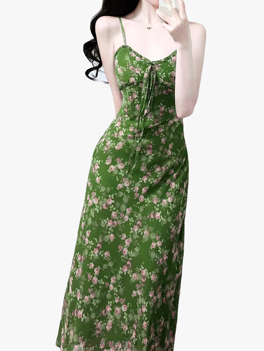 2025 Summer New Green Floral Seaside Vacation Mid-Length Suspender Dress R0941