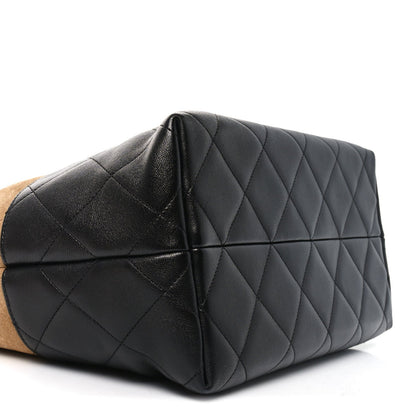 Suede Shiny Lambskin Quilted Large Shopping Bag Beige Black