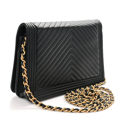 Lambskin Chevron Boy Wallet On Chain WOC Black