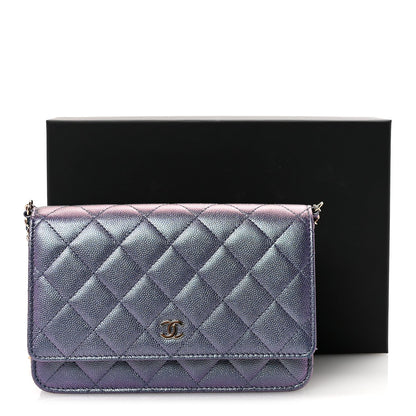 Iridescent Caviar Quilted Wallet on Chain WOC Dark Blue