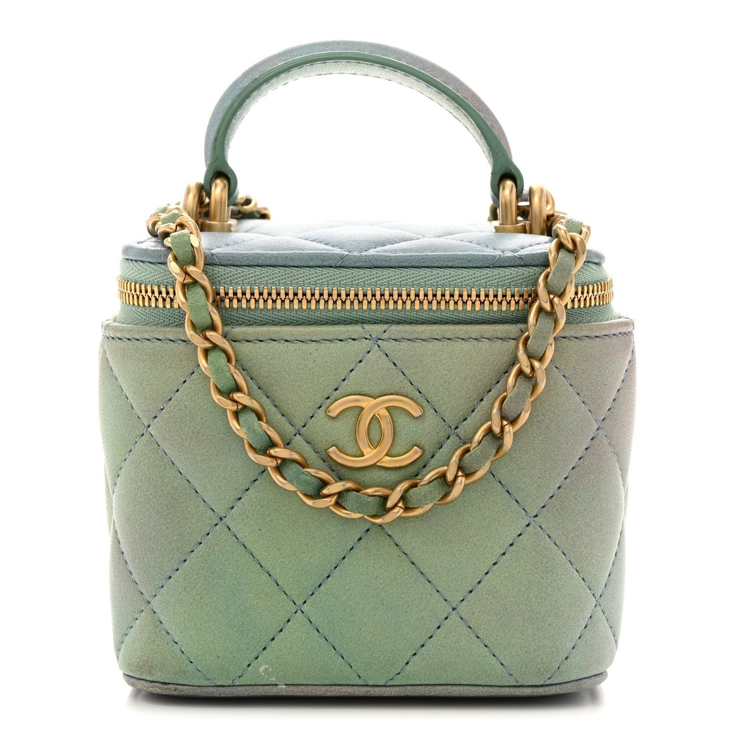 Lambskin Quilted Ombre Top Handle Mini Vanity Case With Chain Blue Green