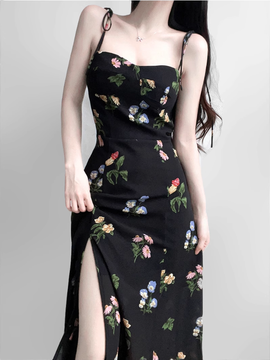 2025 summer new retro black floral waist slim sexy suspender dress R0917