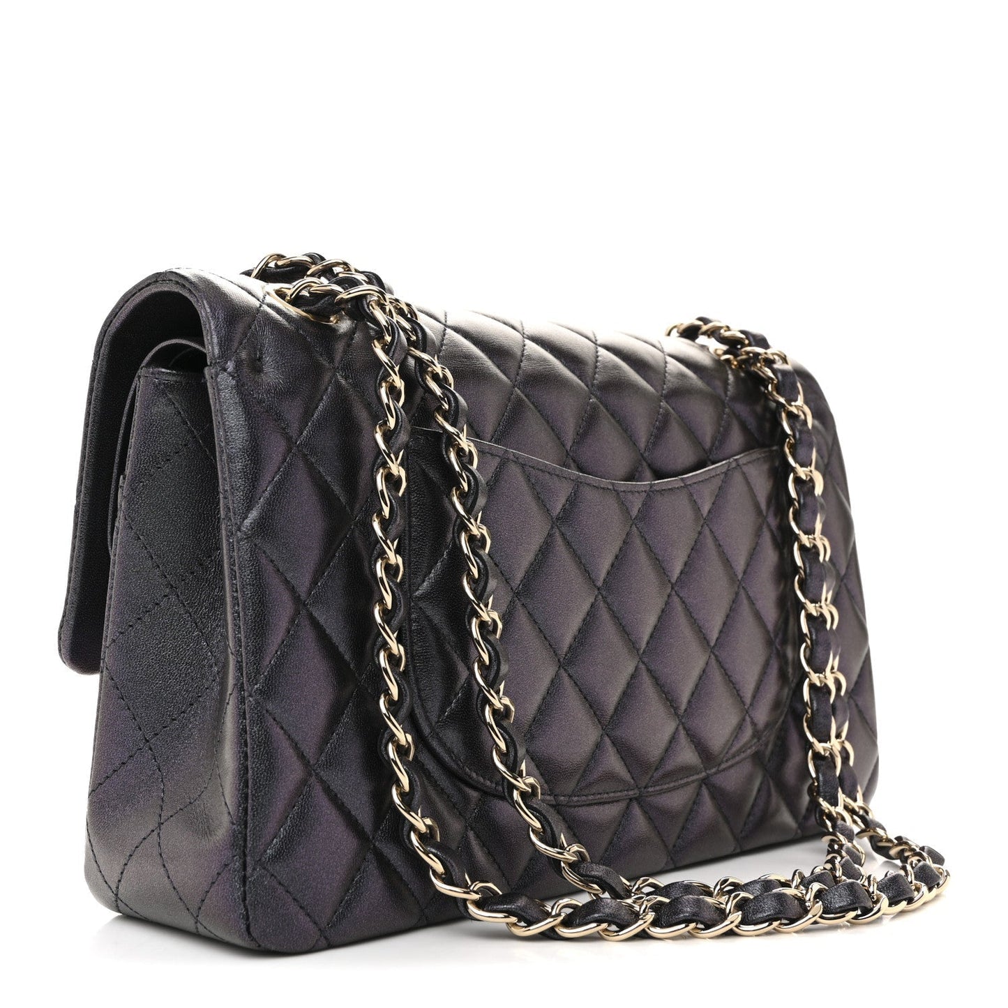 Iridescent Lambskin Quilted Medium Double Flap Black