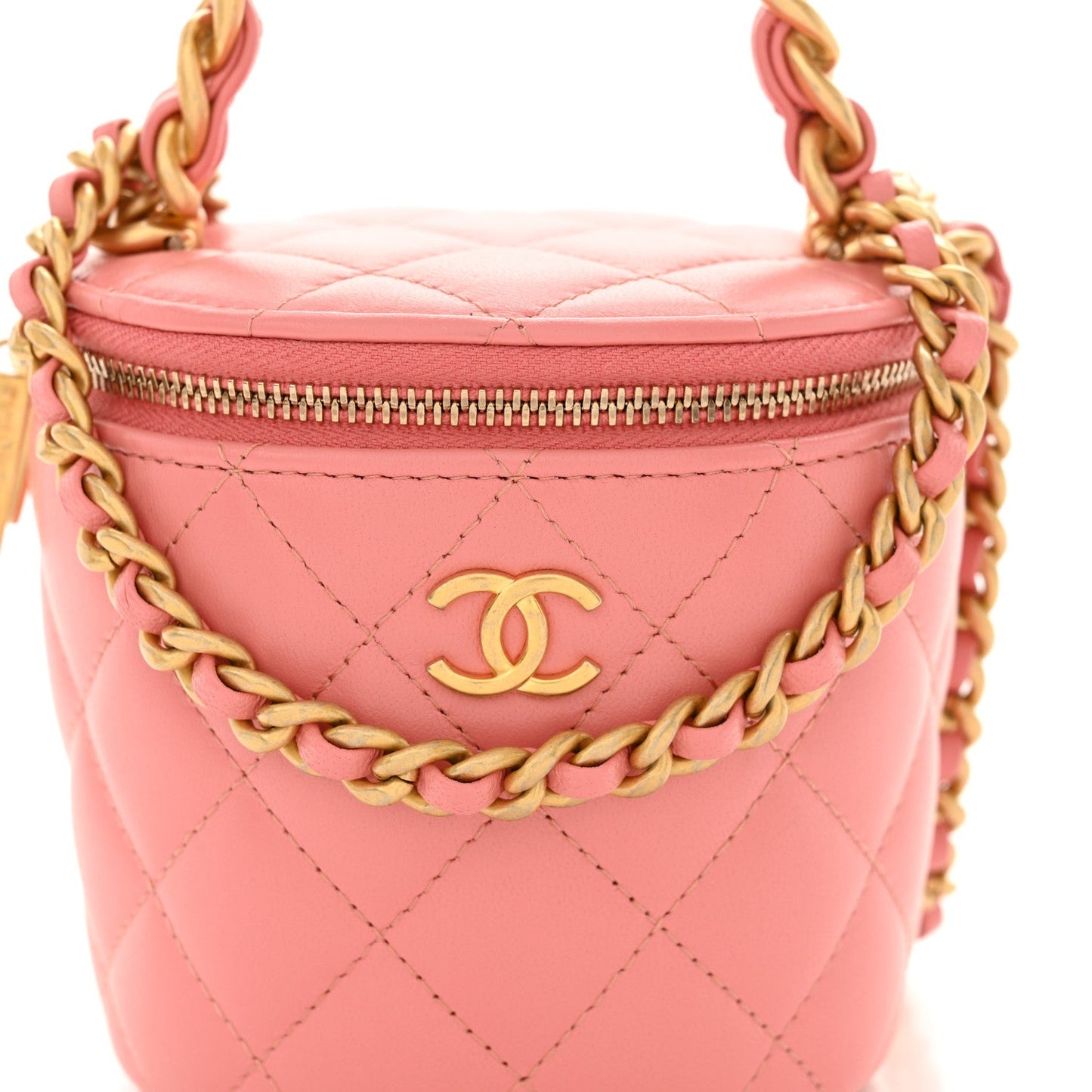 Lambskin Quilted Afternoon Tea Top Handle Vanity Case With Chain Light Pink