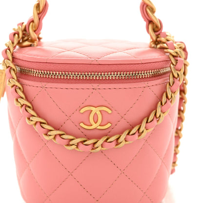 Lambskin Quilted Afternoon Tea Top Handle Vanity Case With Chain Light Pink